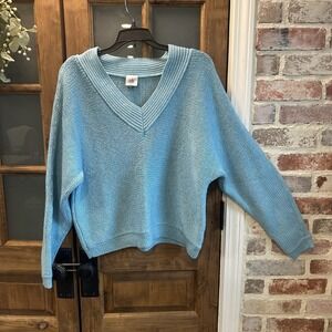 Cabi Women's Sweater Medium Blue Cotton Blend V Neck Knit Pullover